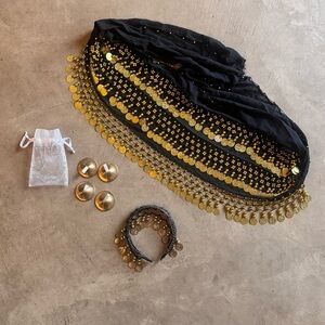 Black & Gold Belly Dance Hip Scarf, Finger cymbals, headband set
